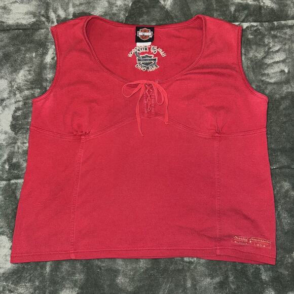 Harley Davidson Women's XL Shirt Red Lace Up Front Sleeveless Y2K Biker Tank - Picture 4 of 10
